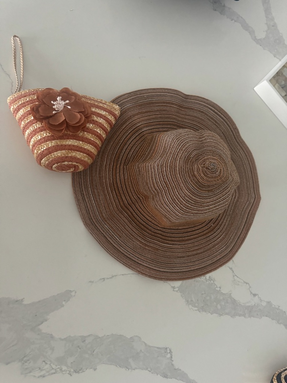Women’s Foldable Sun Hat with Wristlet Travel Pouch and Brown Floral Accent